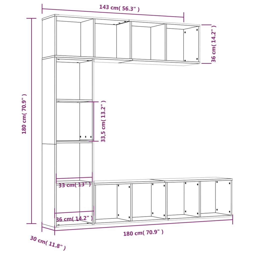 vidaXL Set de estantería/mueble TV 3 pzas gris Sonoma 180x30x180 cm