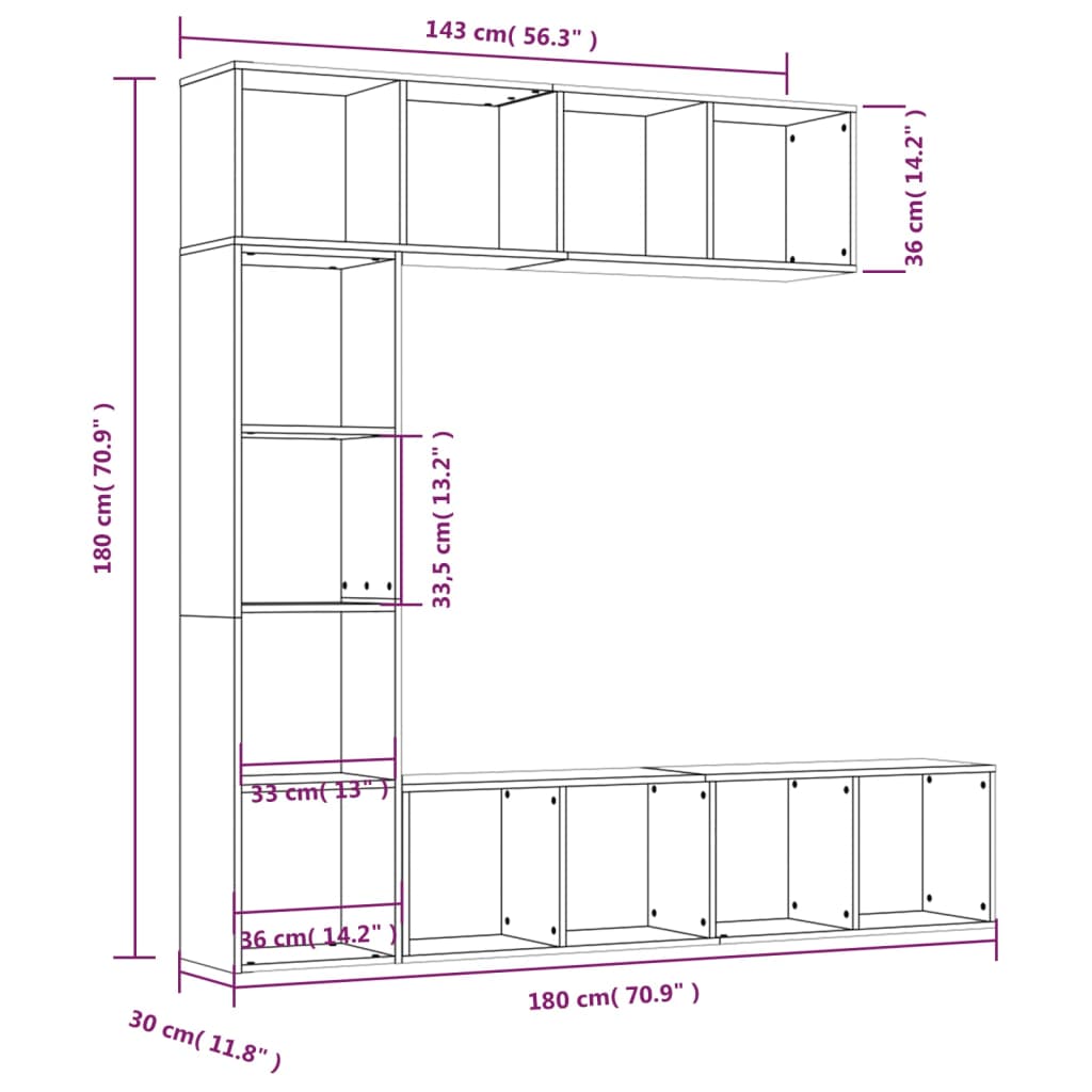 vidaXL Set de estantería/mueble TV 3 pzas roble marrón 180x30x180 cm