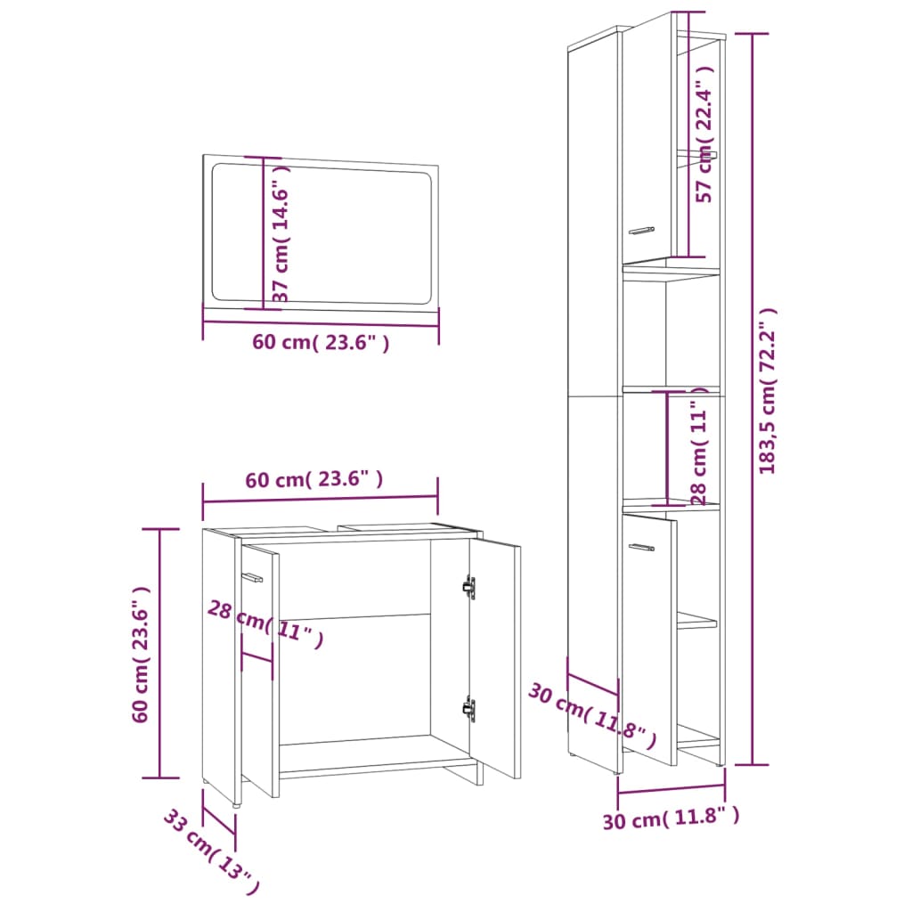 vidaXL Set de muebles de baño 3 pzas madera contrachapada gris sonoma