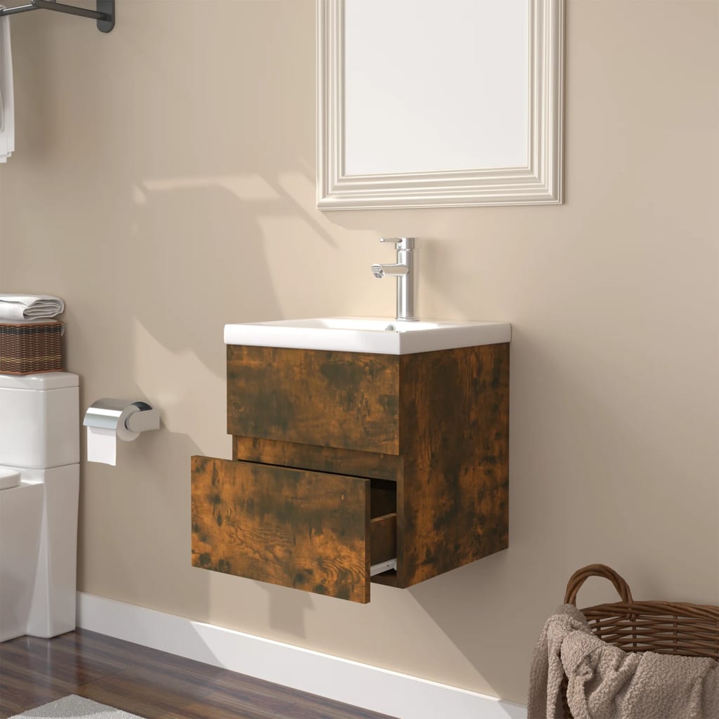 vidaXL Mueble de baño con lavabo madera contrachapada roble ahumado