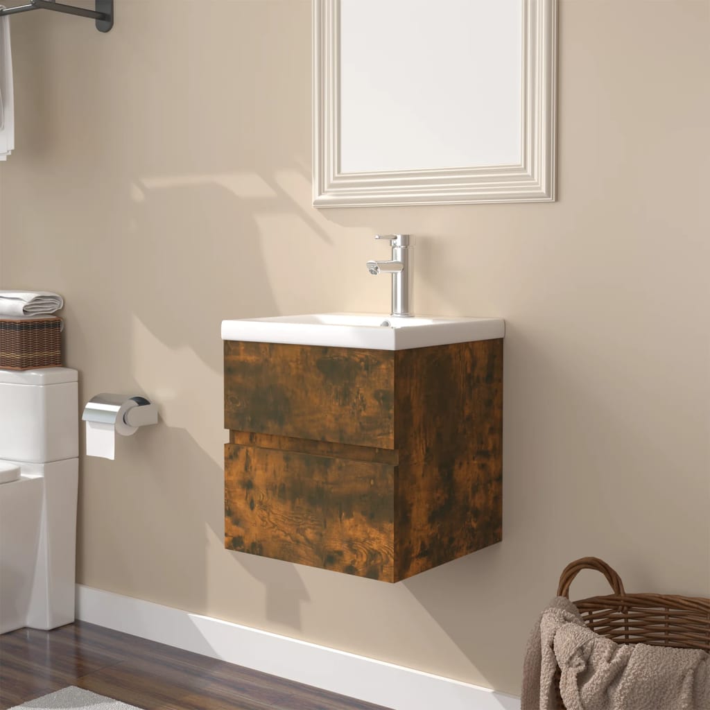 vidaXL Mueble de baño con lavabo madera contrachapada roble ahumado