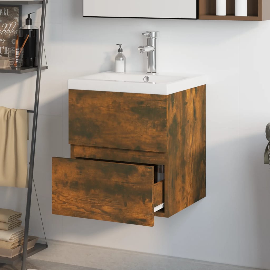 vidaXL Mueble de baño con lavabo madera de ingeniería roble ahumado