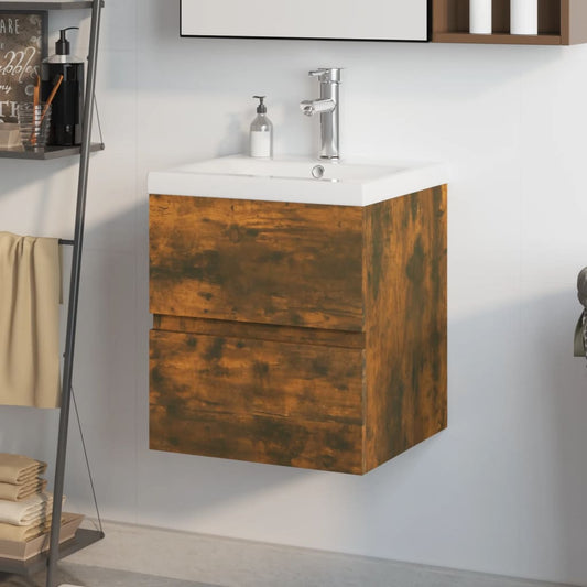 vidaXL Mueble de baño con lavabo madera de ingeniería roble ahumado