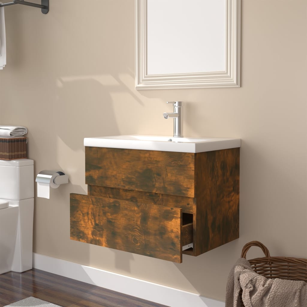 vidaXL Mueble de baño con lavabo madera contrachapada roble ahumado