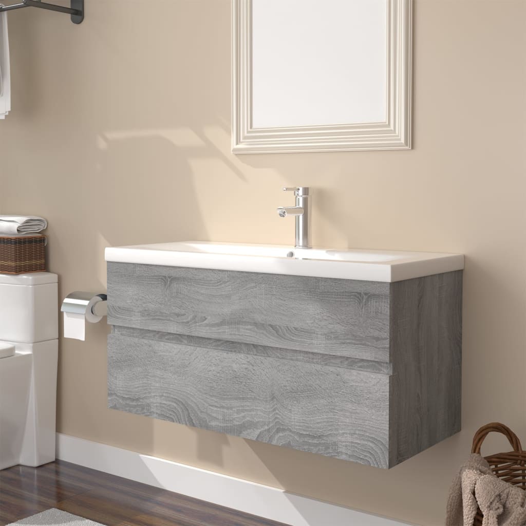 vidaXL Mueble de baño con lavabo madera contrachapada gris Sonoma