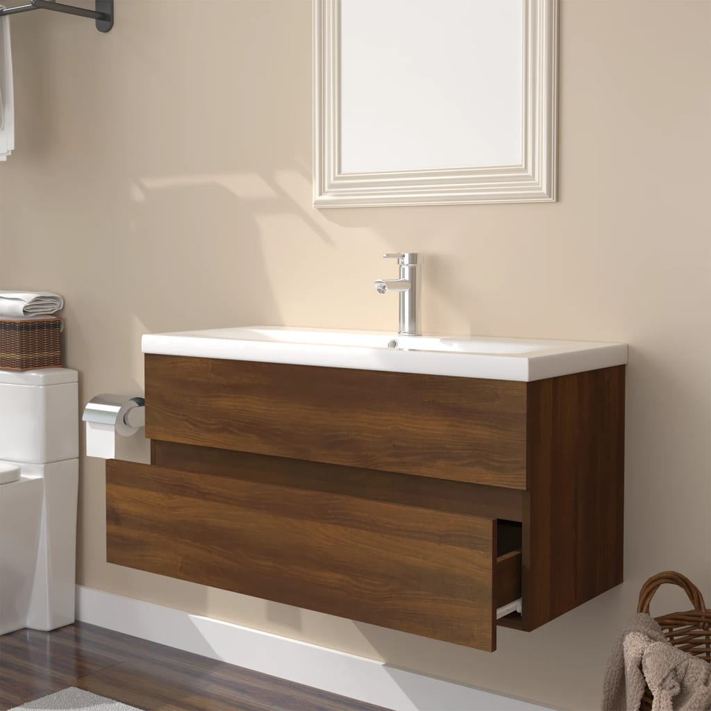 vidaXL Mueble de baño con lavabo madera contrachapada marrón roble