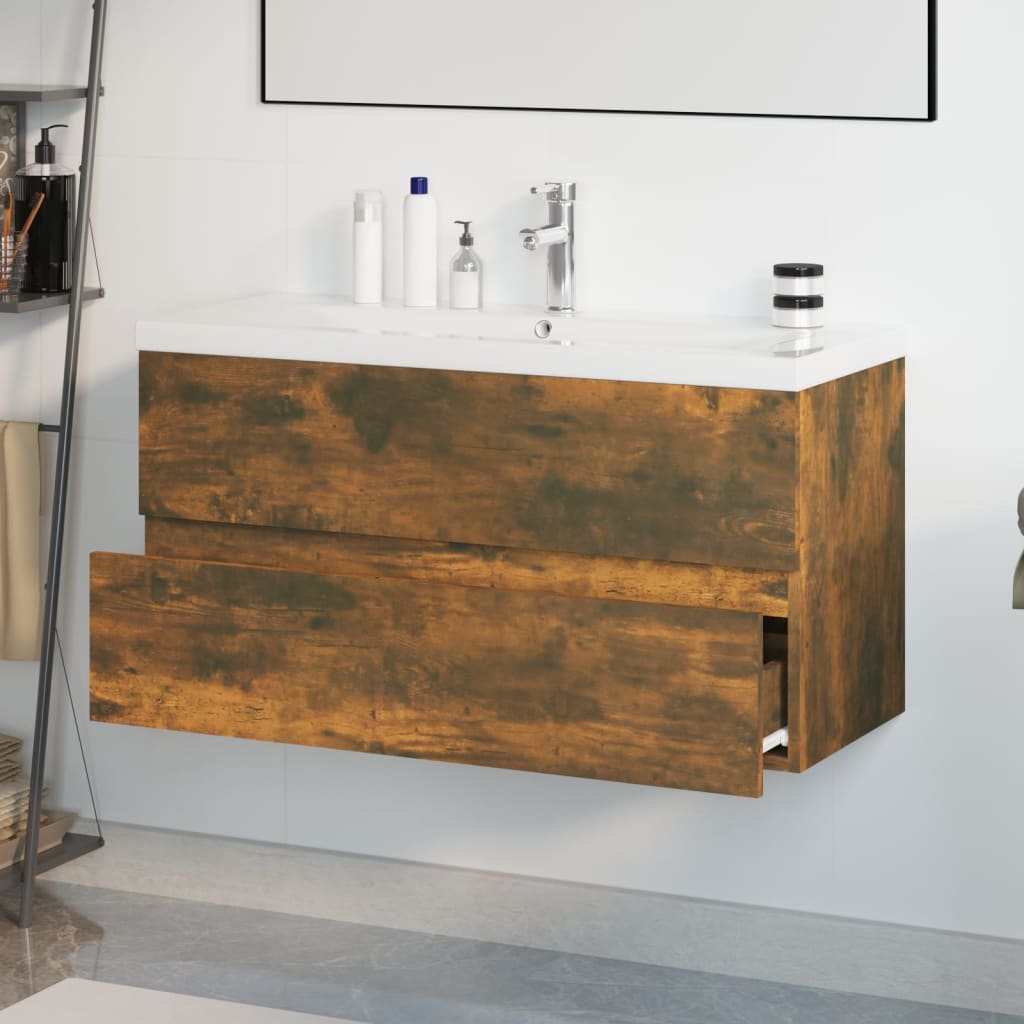 vidaXL Mueble de baño con lavabo madera contrachapada roble ahumado