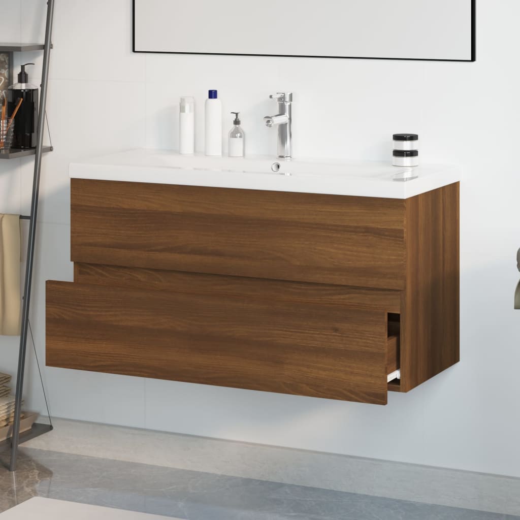 vidaXL Mueble de baño con lavabo madera contrachapada marrón roble