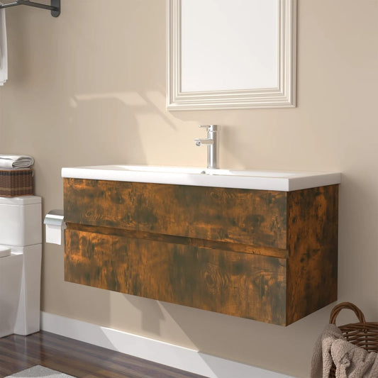 vidaXL Mueble de baño con lavabo madera contrachapada roble ahumado