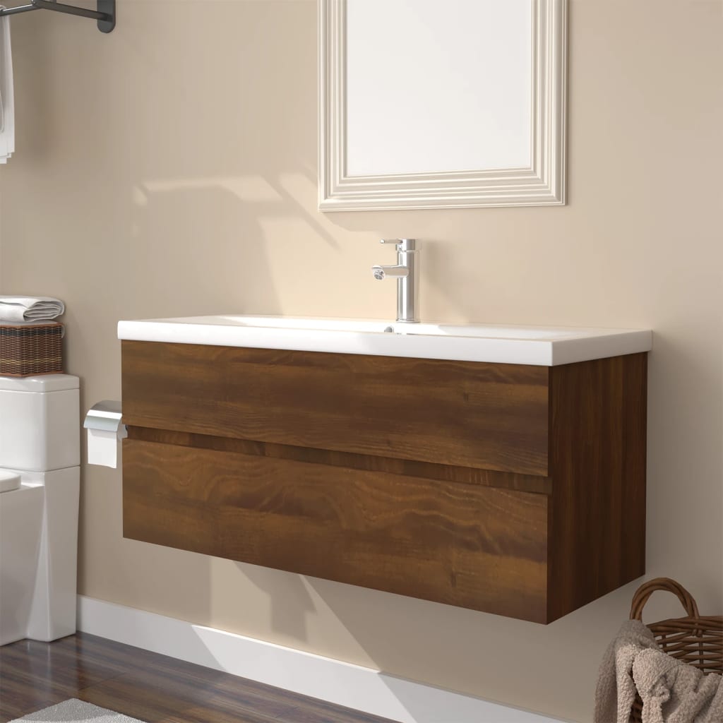 vidaXL Mueble de baño con lavabo madera contrachapada marrón roble