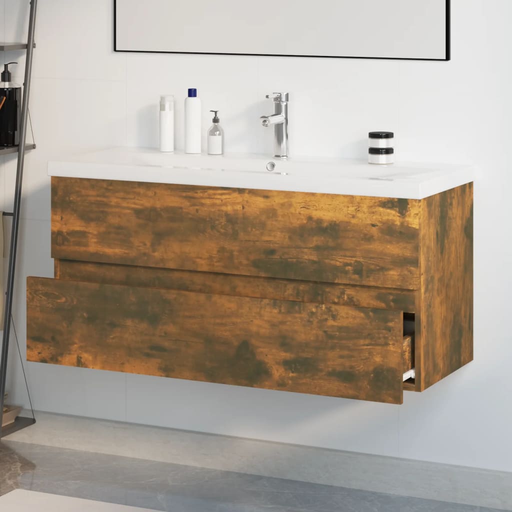 vidaXL Mueble de baño con lavabo madera contrachapada roble ahumado