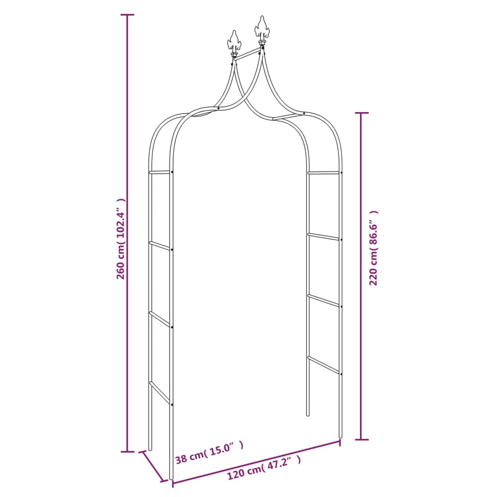 vidaXL Arcos de jardín 2 uds acero negro 120x38x260 cm