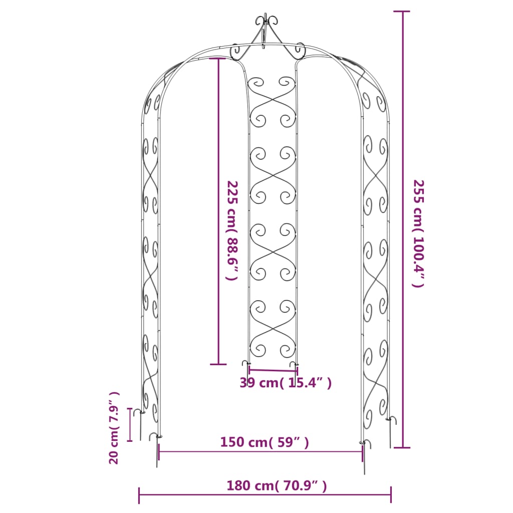 vidaXL Arco de jardín acero negro Ø180x255 cm