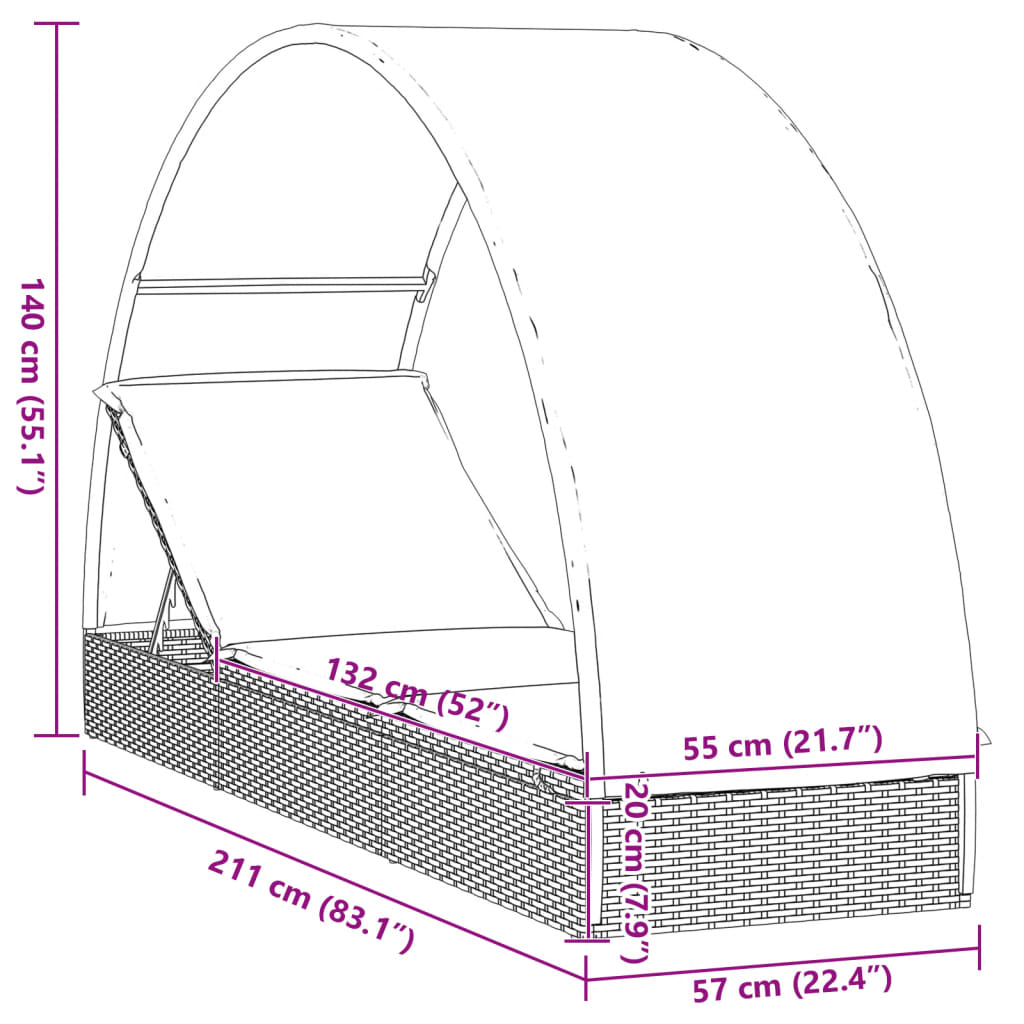 vidaXL Tumbona con toldo redondo ratán sintético marrón 211x57x140cm