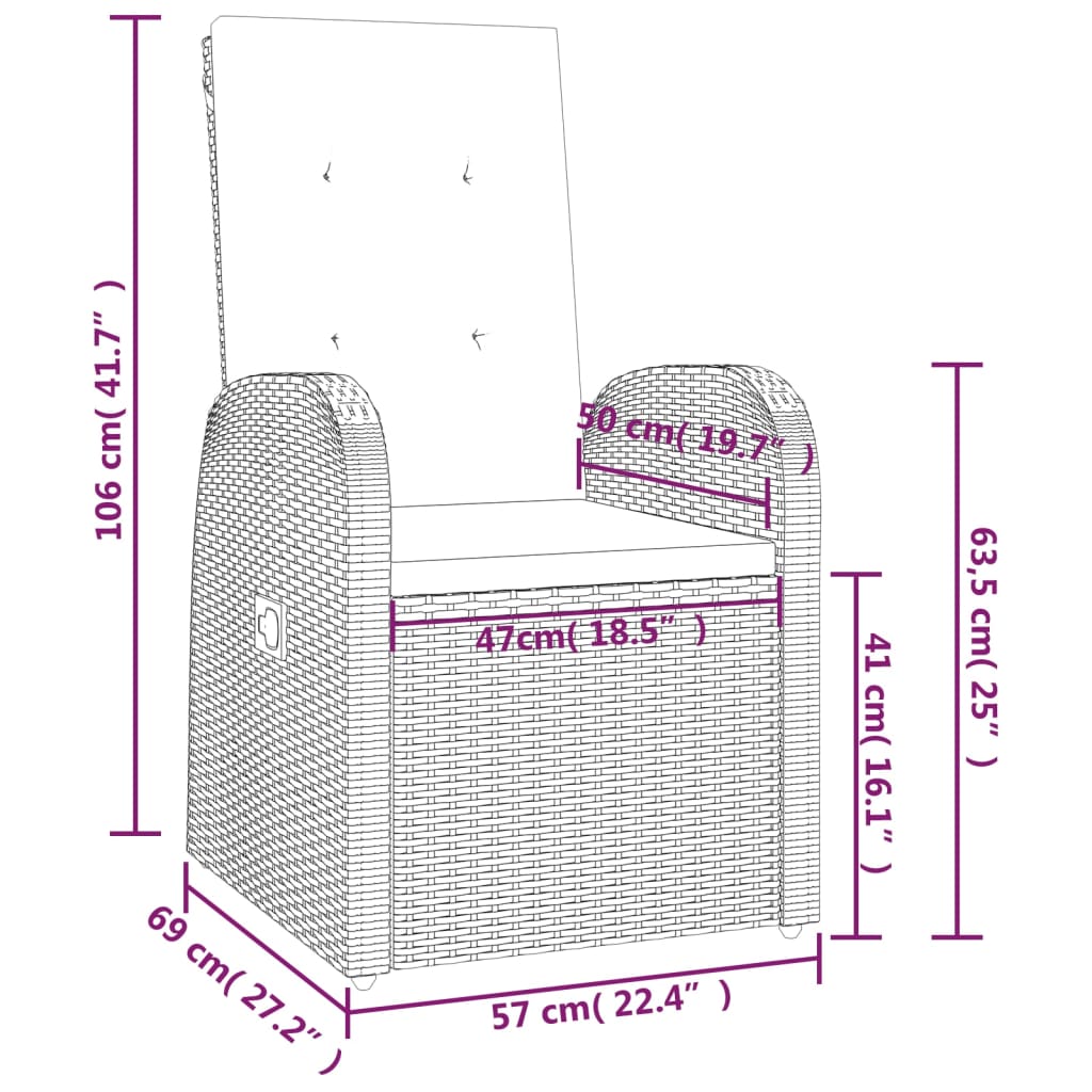 vidaXL Sillones de jardín reclinables con cojines 2 uds ratán PE gris