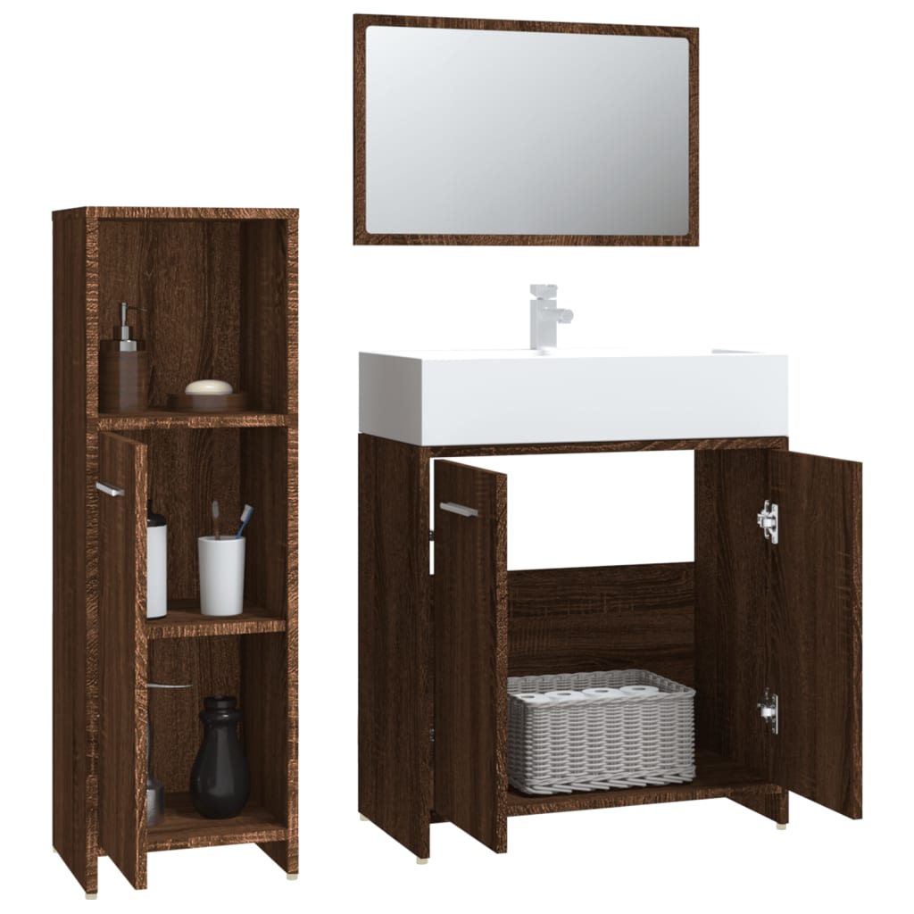 vidaXL Set de muebles baño 3 pzas madera contrachapada roble marrón