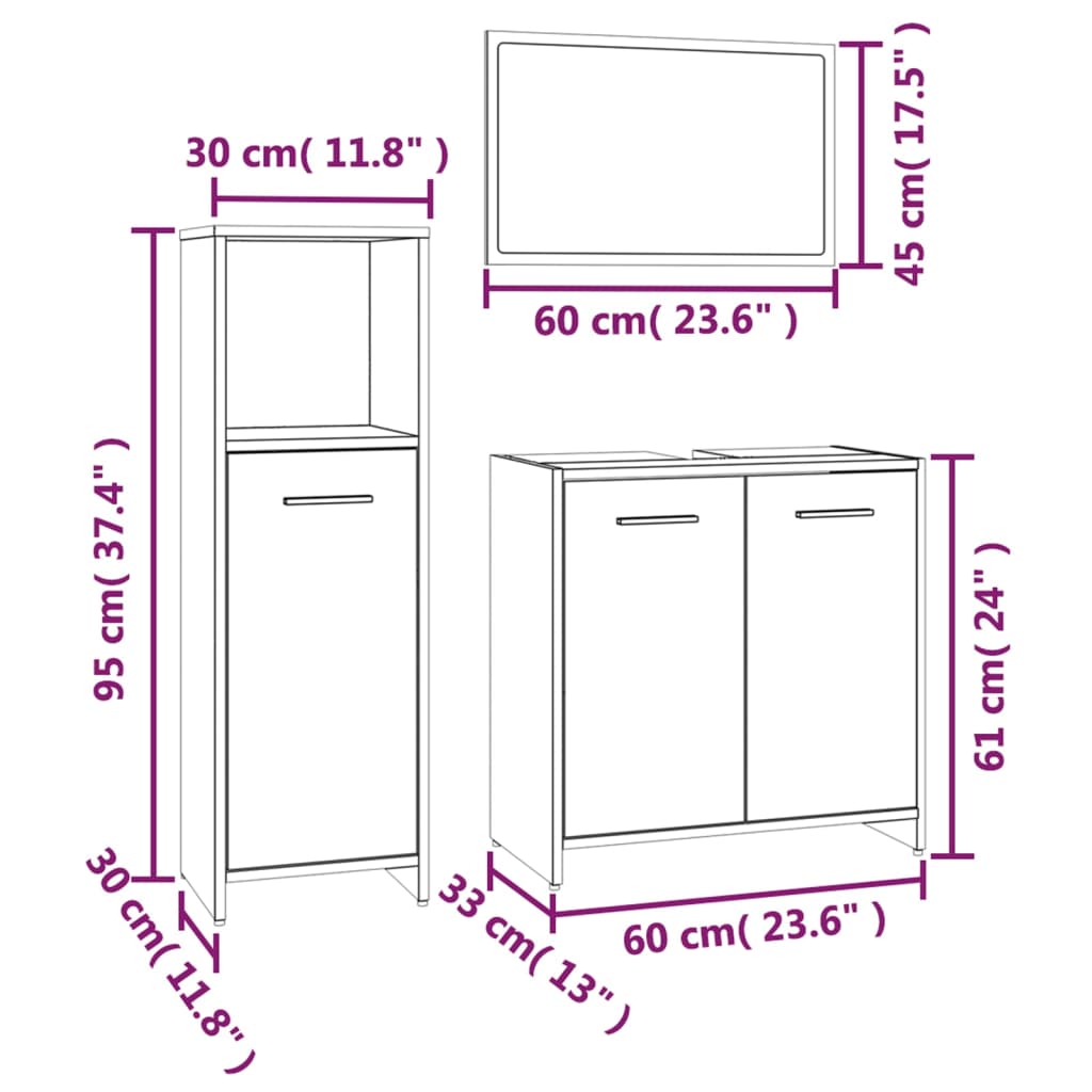 vidaXL Set de muebles baño 3 pzas madera contrachapada roble marrón