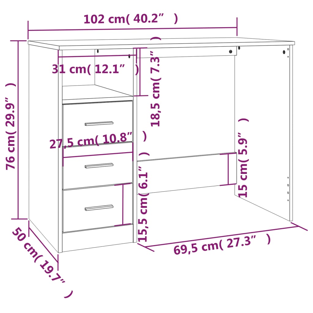 vidaXL Escritorio con cajones contrachapada blanco brillo 102x50x76cm