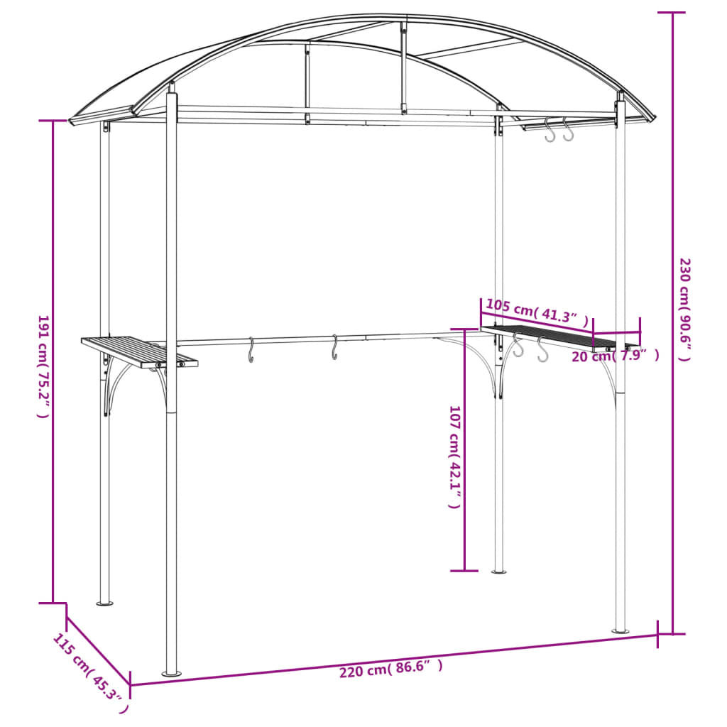 vidaXL Cenador barbacoa estante lateral acero antracita 220x115x230 cm