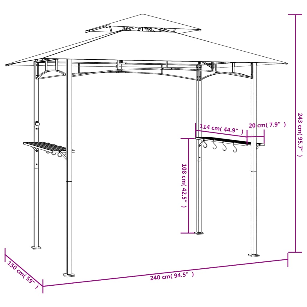 vidaXL Cenador barbacoa estante lateral acero antracita 240x150x243 cm