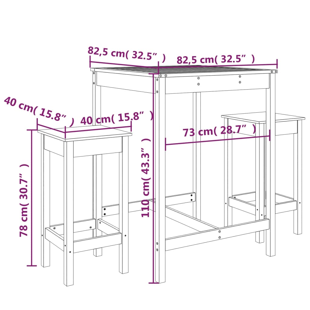 vidaXL Set de mesa y taburetes altos 3 piezas madera maciza de pino