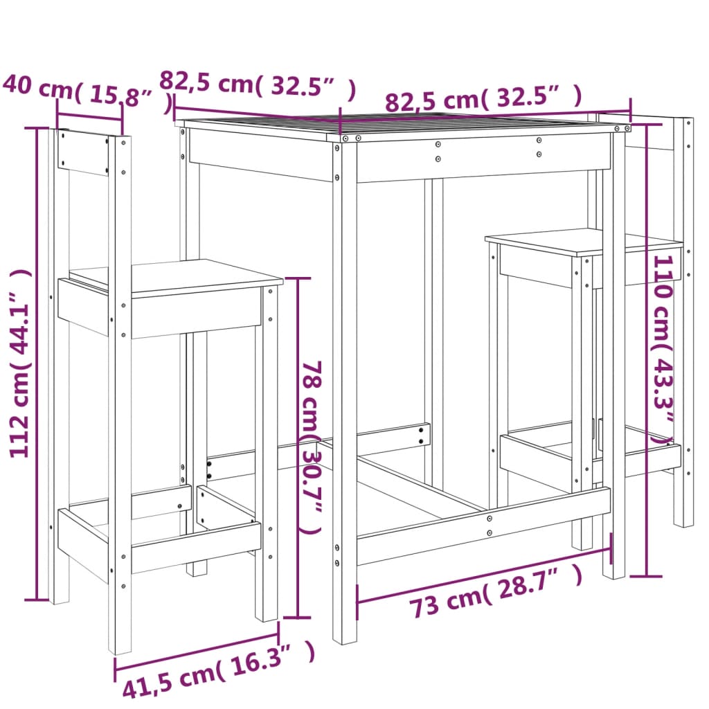 vidaXL Set de mesa y taburetes altos 3 piezas madera maciza de pino