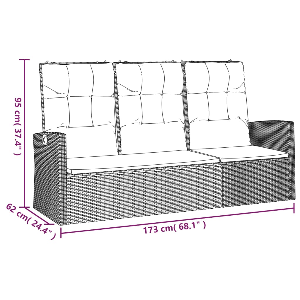 vidaXL Banco jardín reclinable y cojines ratán sintético gris 173 cm