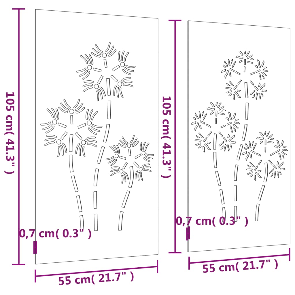 vidaXL Adorno pared jardín 2 uds acero corten diseño flores 105x55 cm