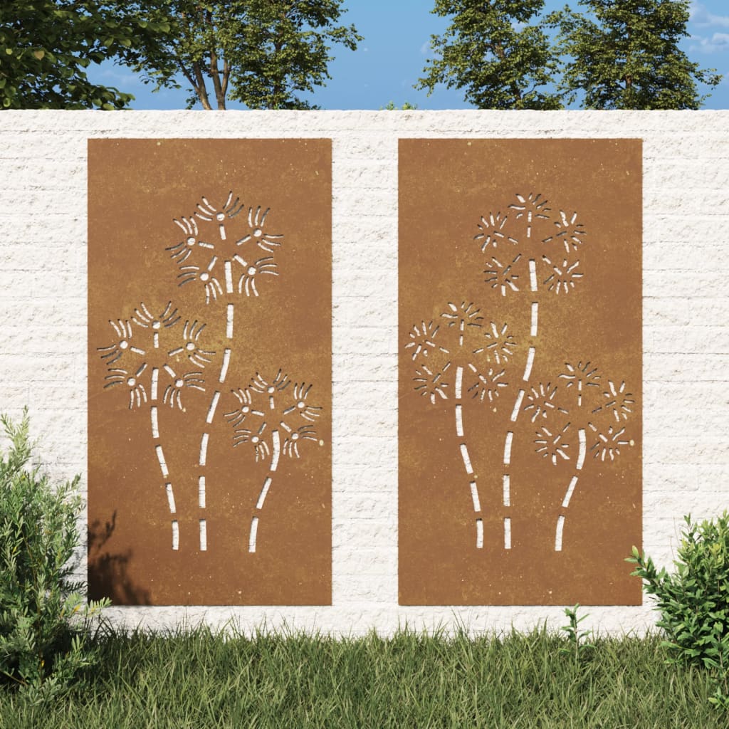 vidaXL Adorno pared jardín 2 uds acero corten diseño flores 105x55 cm