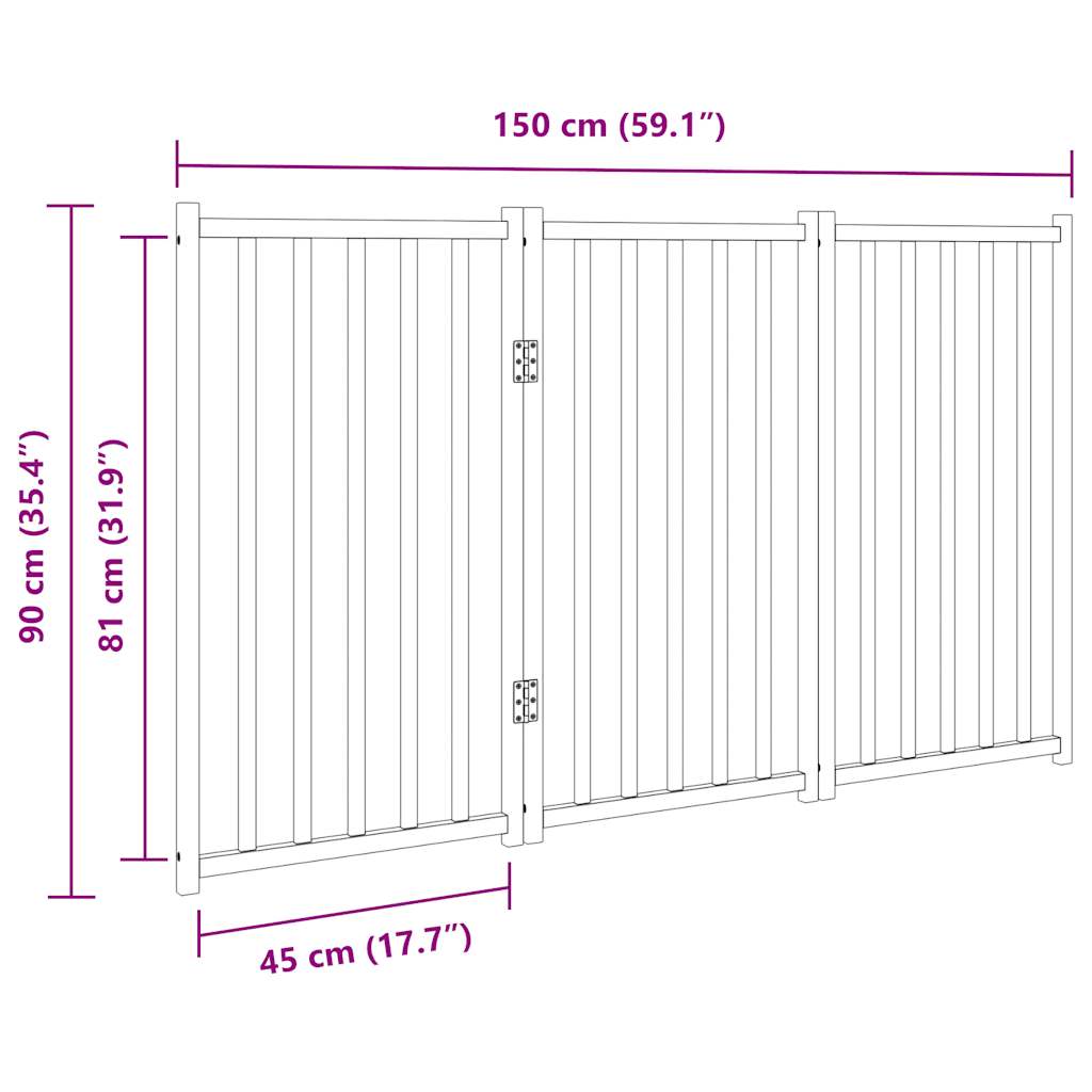 vidaXL Puerta de perros plegable 3 paneles madera abeto negro 150 cm