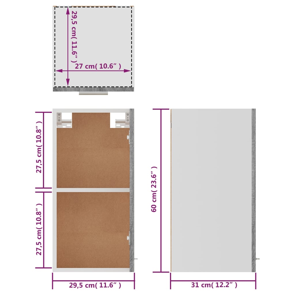 vidaXL Armario colgante madera ingeniería gris sonoma 29,5x31x60 cm