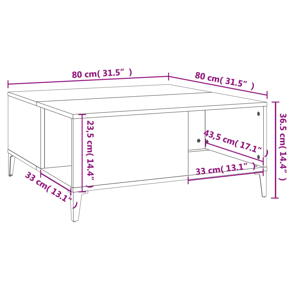 vidaXL Mesa de centro madera contrachapada roble Sonoma 80x80x36,5 cm