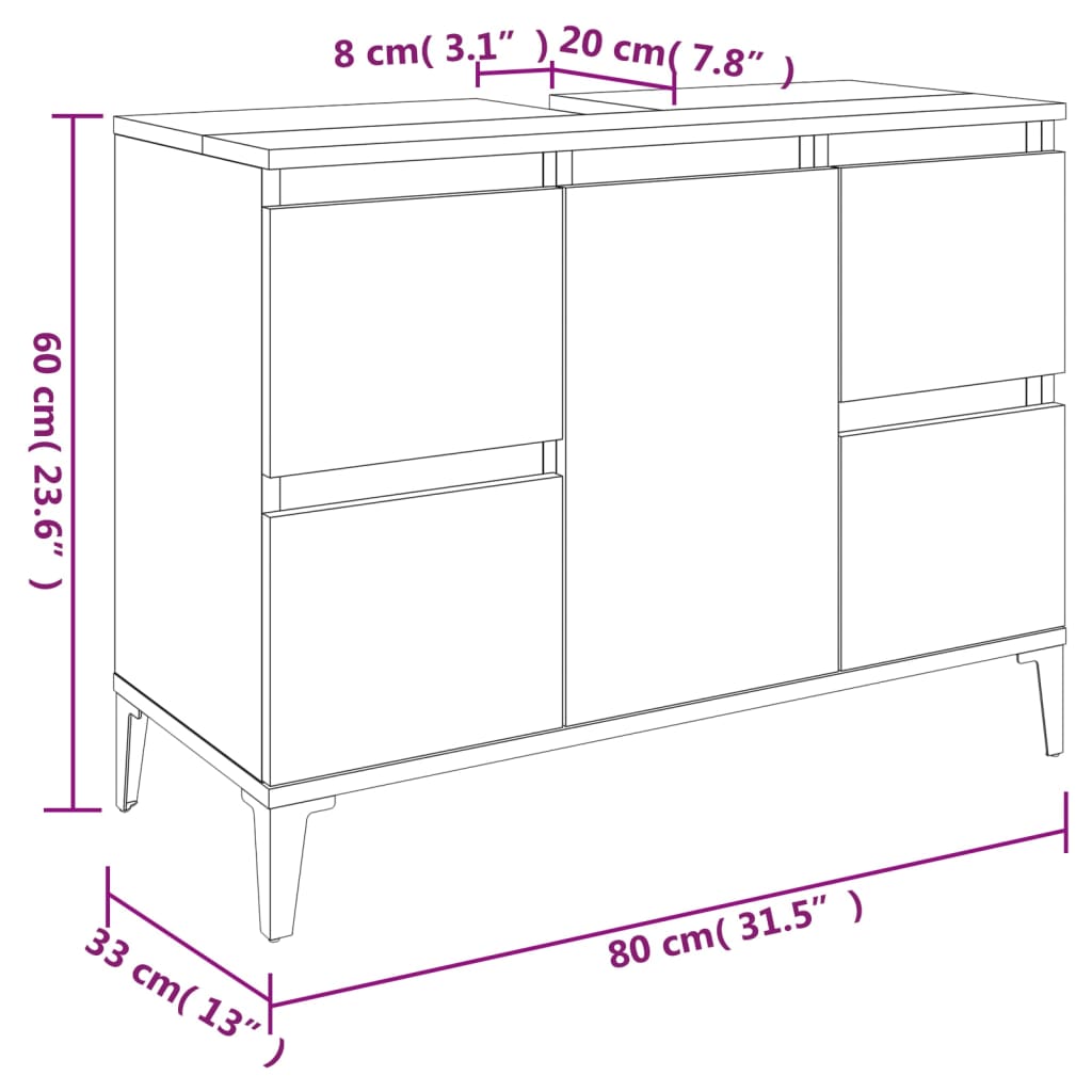 vidaXL Armario de lavabo madera contrachapada blanco brillo 80x33x60cm