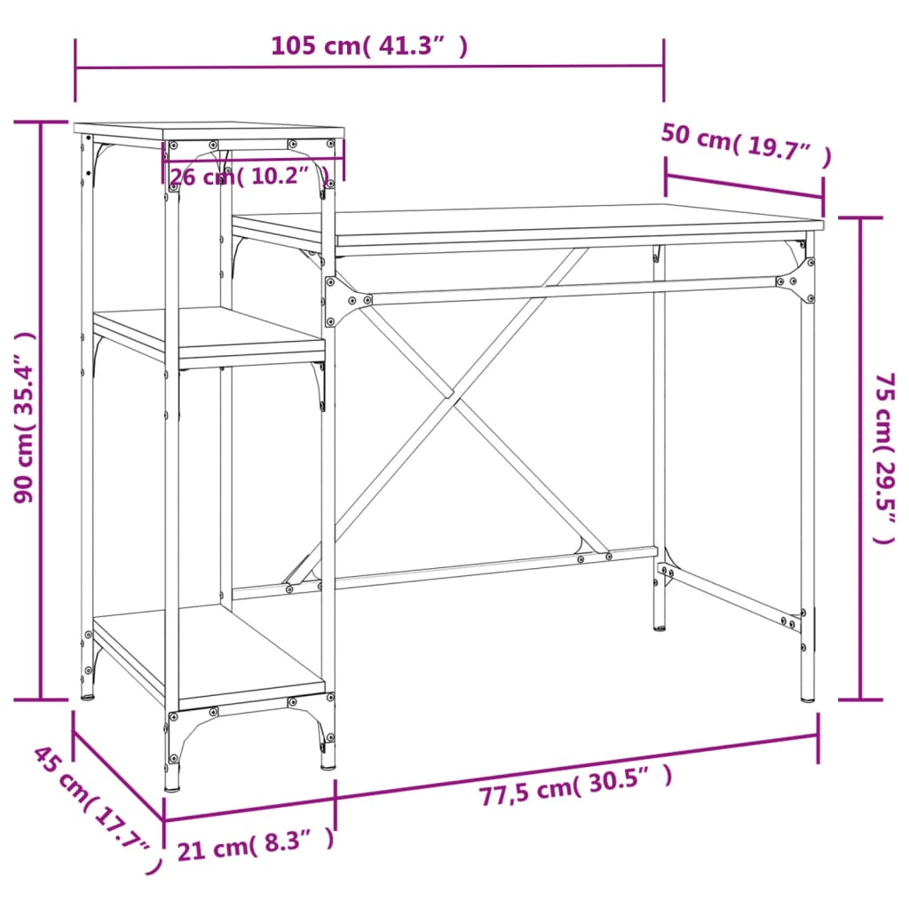 vidaXL Escritorio con estantes madera contrachapada roble 105x50x90 cm