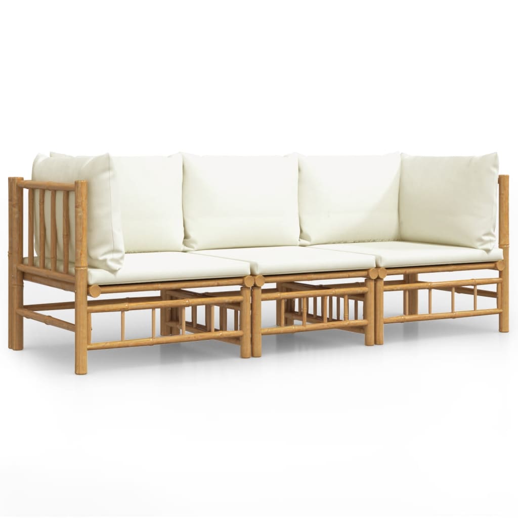 vidaXL Set de muebles de jardín 3 piezas bambú y cojines blanco crema