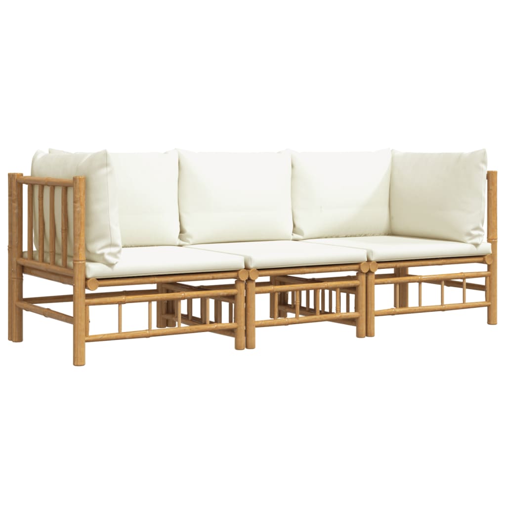 vidaXL Set de muebles de jardín 3 piezas bambú y cojines blanco crema