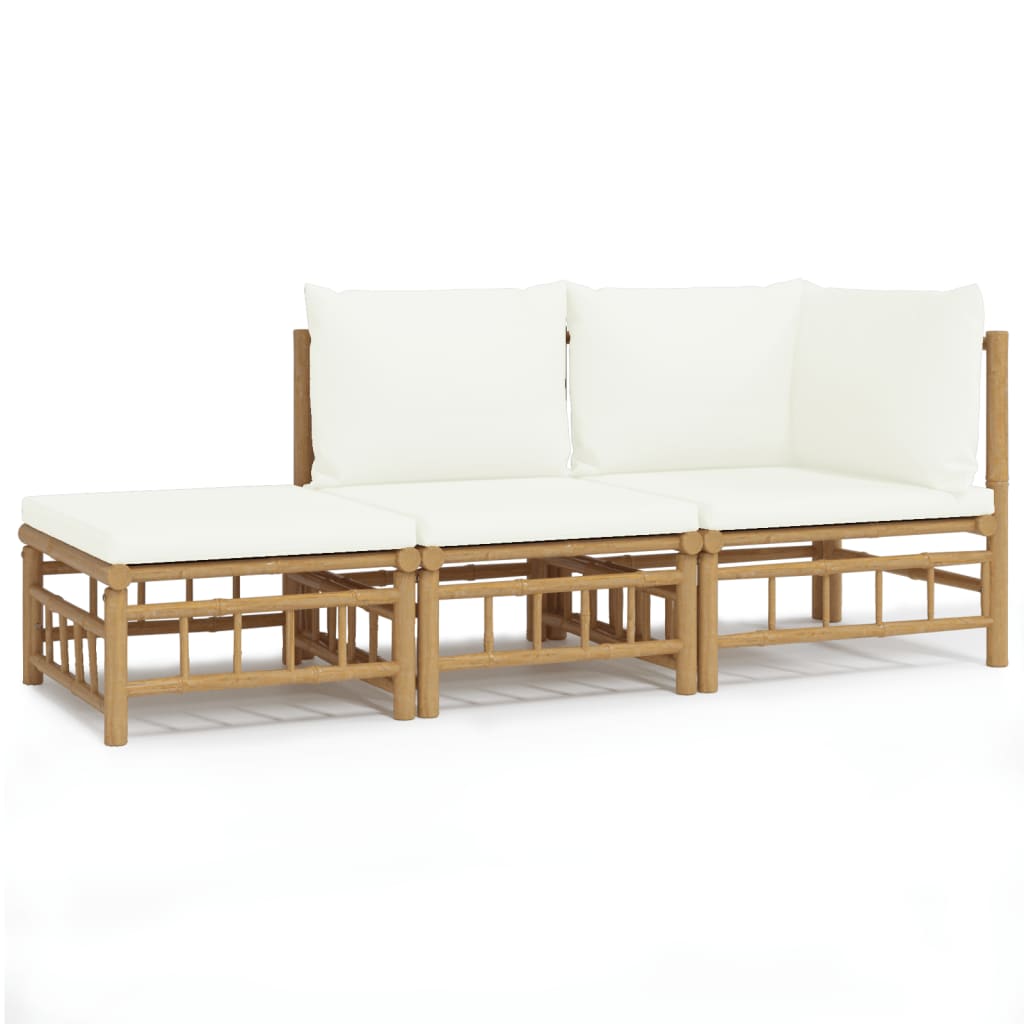 vidaXL Set de muebles de jardín 3 piezas bambú y cojines blanco crema