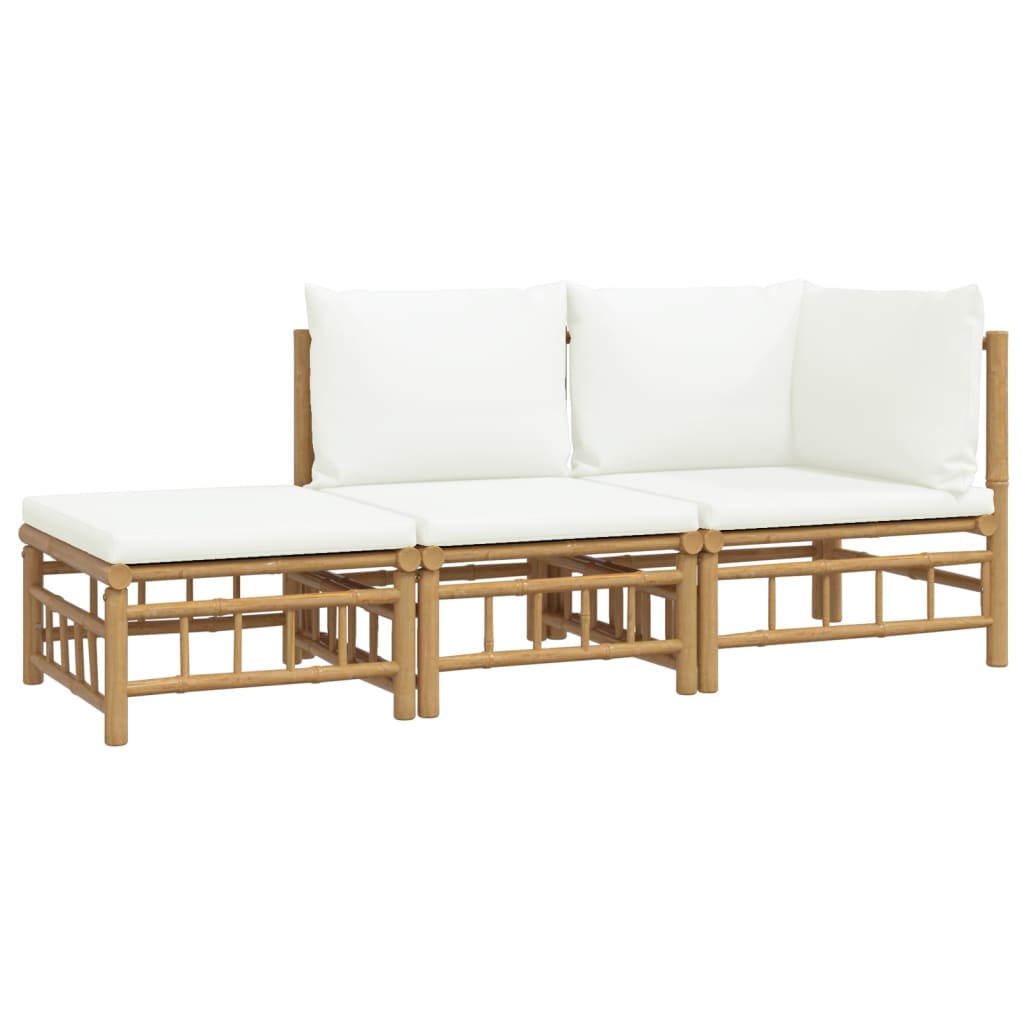 vidaXL Set de muebles de jardín 3 piezas bambú y cojines blanco crema