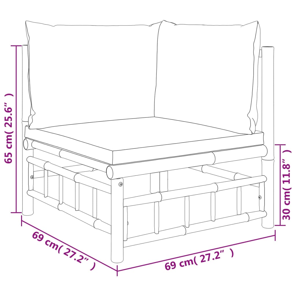 vidaXL Set de muebles de jardín 3 piezas bambú y cojines blanco crema