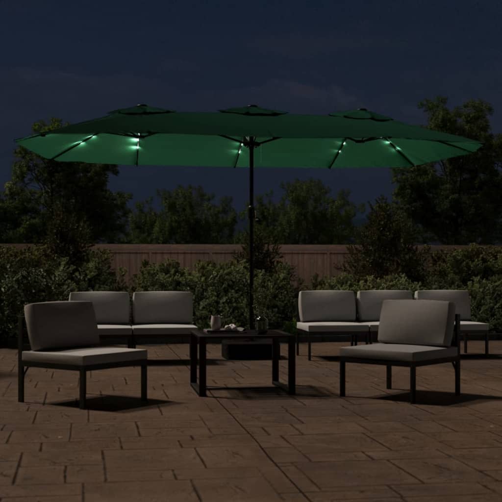 vidaXL Sombrilla doble de jardín con luces LED verde 449x245 cm