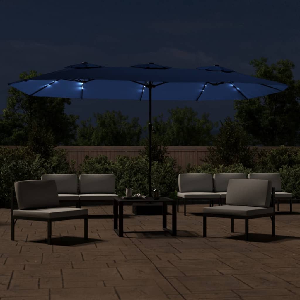 vidaXL Sombrilla doble de jardín con luces LED azul celeste 449x245 cm