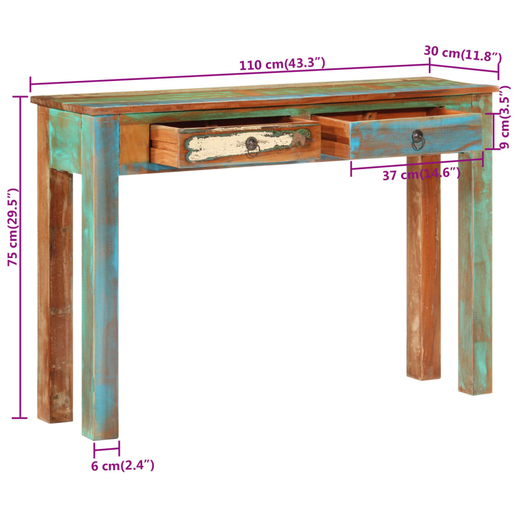 vidaXL Mesa consola madera maciza reciclada 110x30x75 cm