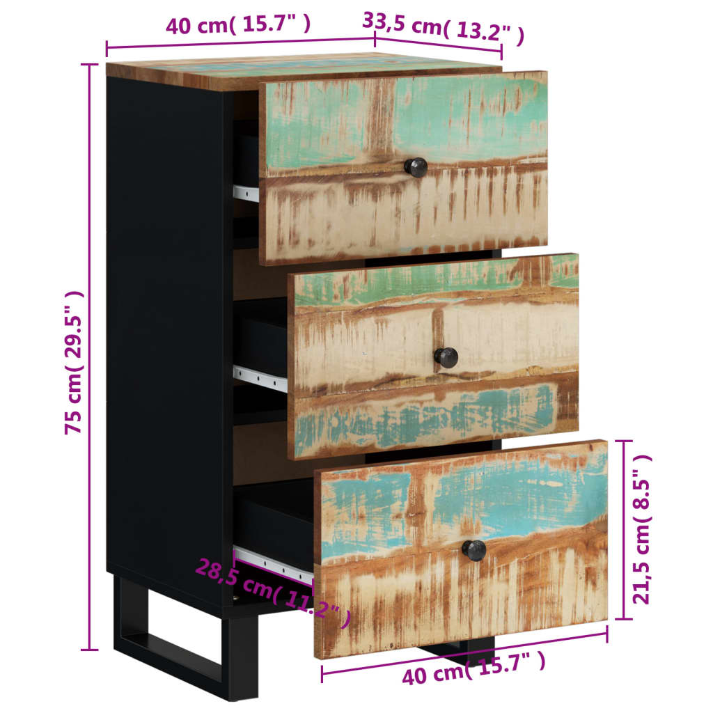 vidaXL Aparador con 3 cajones madera maciza reciclada 40x33,5x75 cm