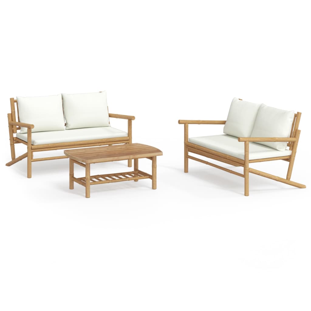 vidaXL Set de muebles de jardín 3 piezas bambú y cojines blanco crema