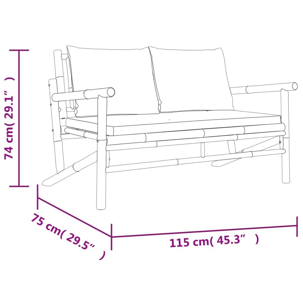 vidaXL Set de muebles de jardín 3 piezas bambú y cojines blanco crema