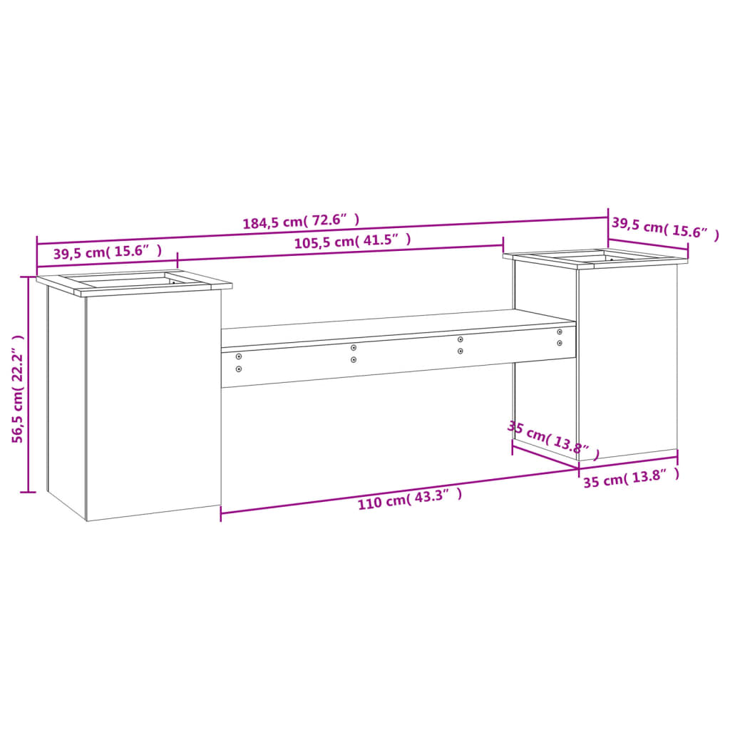 vidaXL Banco con jardineras madera de pino negro 184,5x39,5x56,5 cm