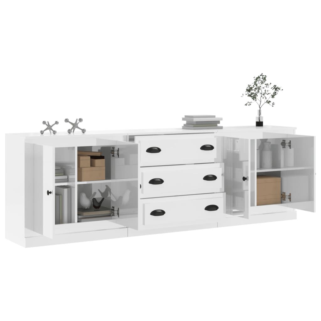 vidaXL Aparadores 3 uds madera contrachapada blanco brillo