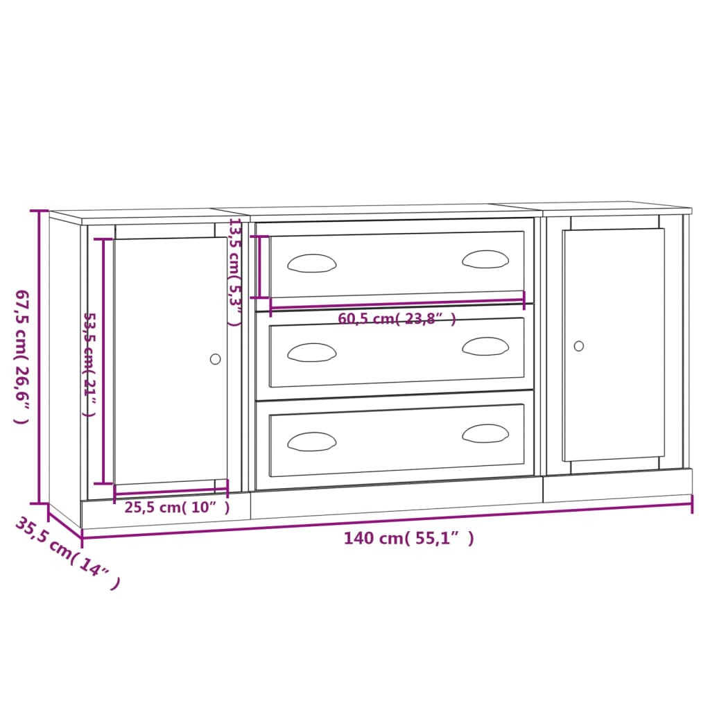 vidaXL Aparadores 3 uds madera contrachapada blanco brillo