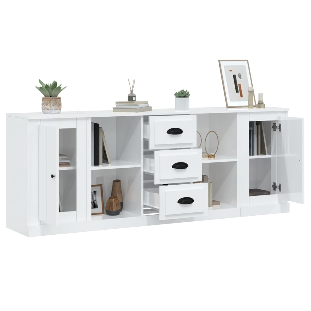 vidaXL Aparadores 3 uds madera contrachapada blanco brillo