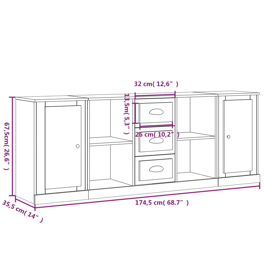 vidaXL Aparadores 3 uds madera contrachapada blanco brillo